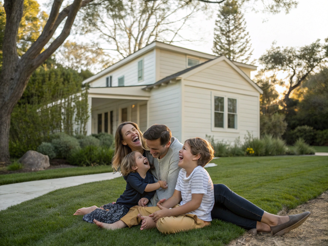 The Dickson family gathered in a warm, sunlit garden setting reflecting peace and connection