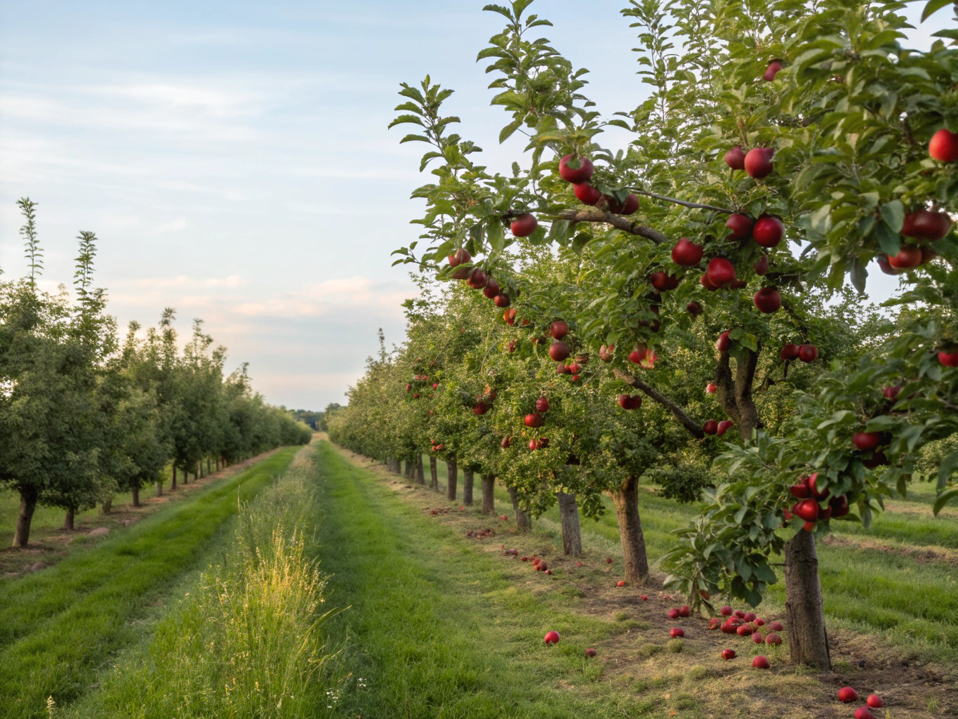 A young tree growing in a sunlit orchard