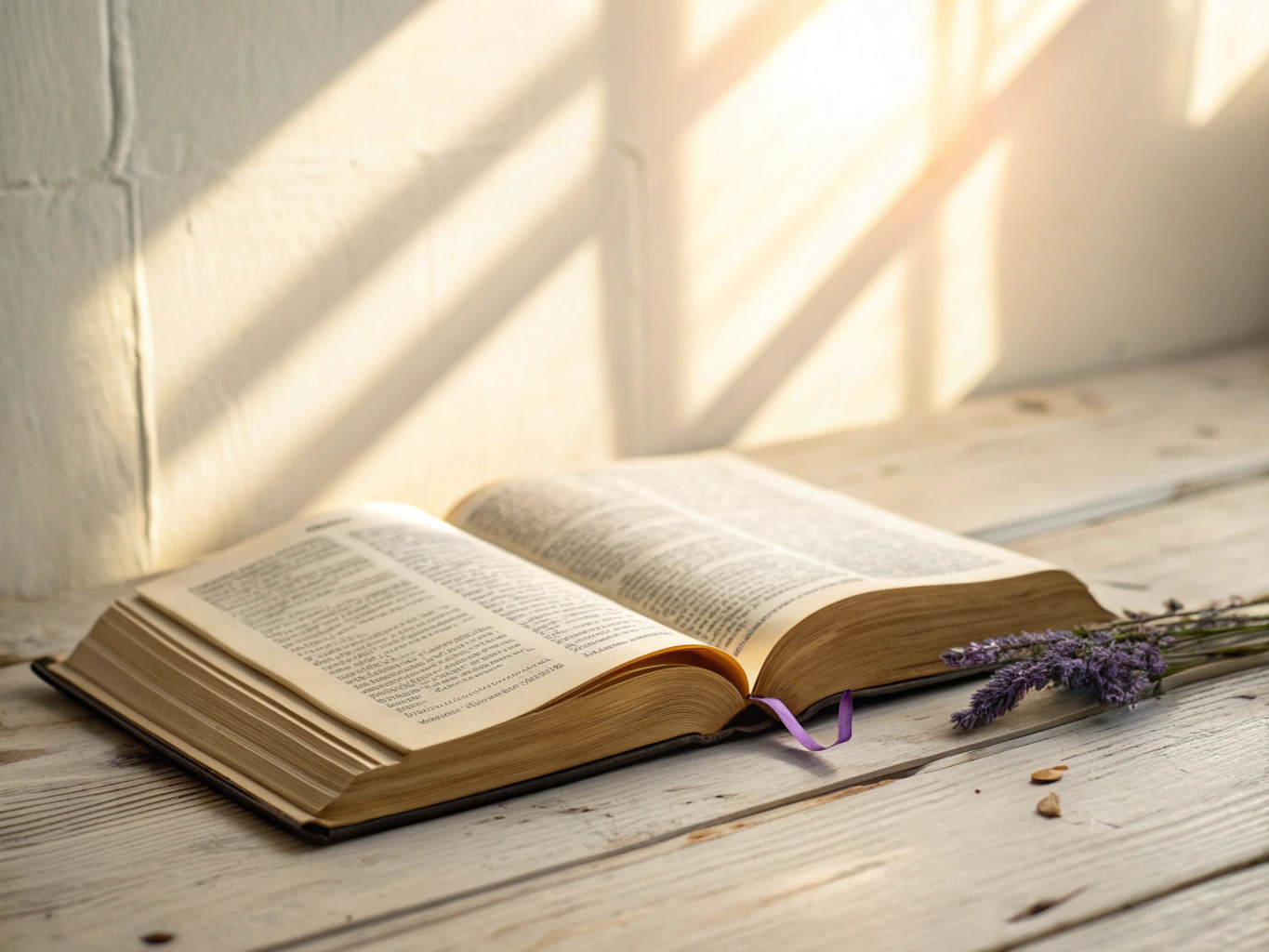 An open Bible resting on a wooden table